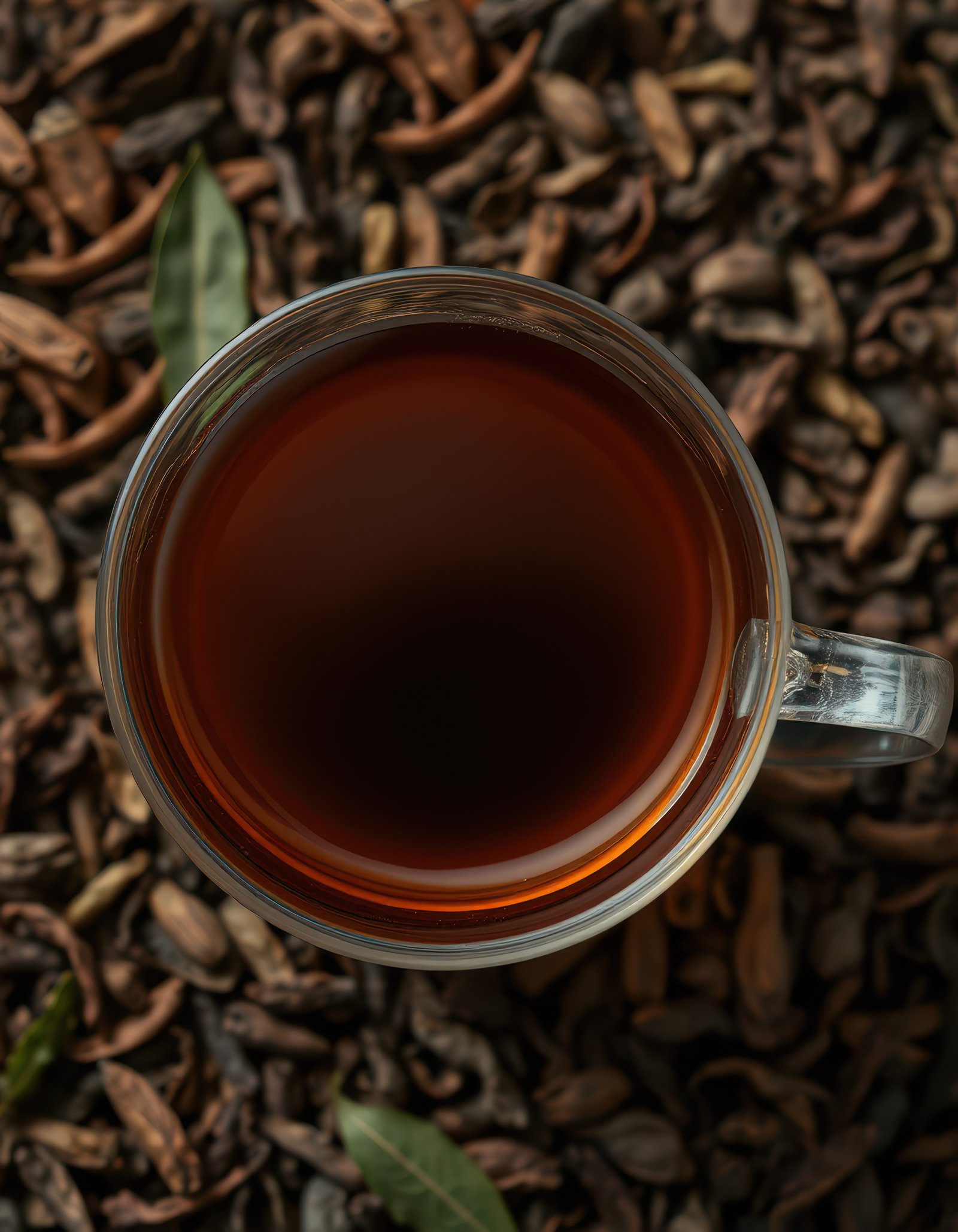Warm beverage served in a clear glass cup sits atop aromatic loose tea leaves in a tranquil setting